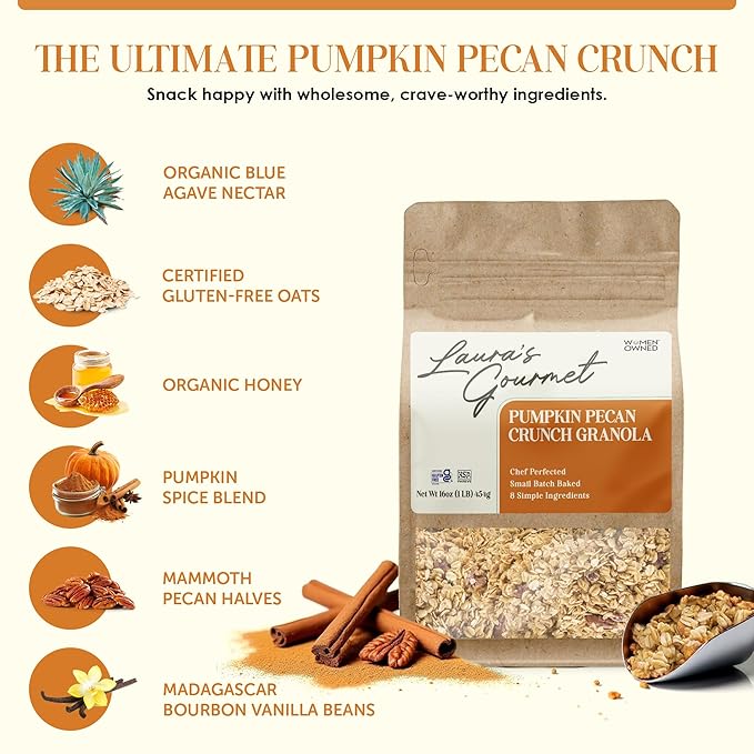 Laura's Gourmet Granola - Pumpkin Pecan Crunch - Gluten Soy &amp Dairy Free - Organic Premium Honey Pecan Halves &amp Spices Artisan Chef's Trifecta of Taste Texture &amp Mouthfeel - 16 OZ
