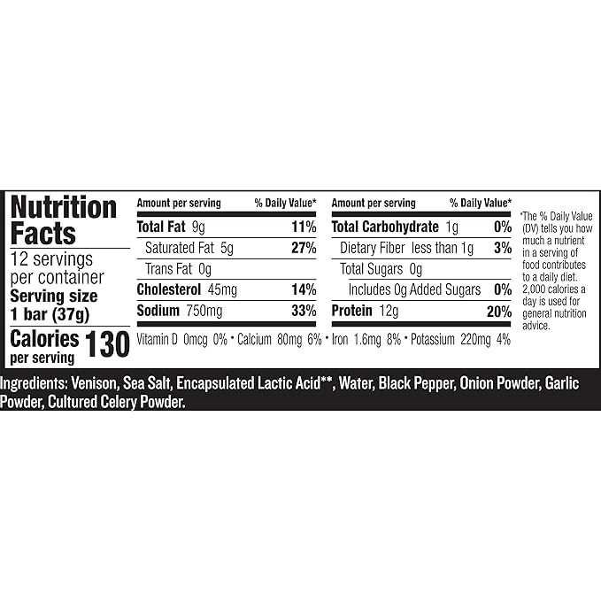 EPIC Bars Venison Sea Salt and Pepper Bar Keto Friendly Whole30 Approved Gluten Free 12 Count 15.6 oz
