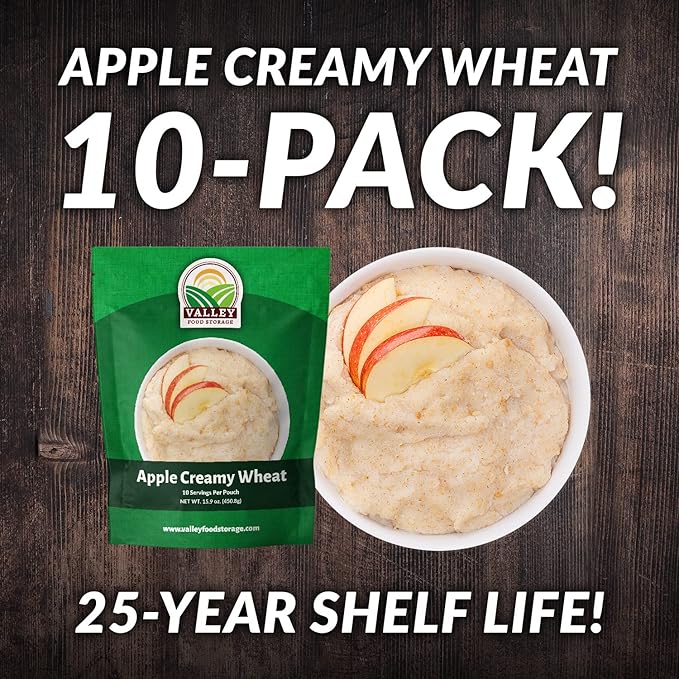 Valley Food Storage Apple Creamy Wheat | 100 Serving Emergency Breakfast Food Supply 10-Bag Bucket | 25 Year Shelf Life | Survival Meals for Long Term Food Storage Camping &amp Prepper Supplies
