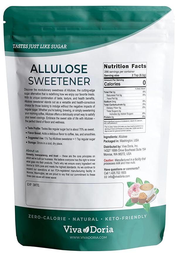 Viva Doria Allulose Sweetener 5 lb (2.27 kg) | Zero Calorie Sugar Substitute | Great for Coffee Tea Cooking and Baking | Keto Friendly | Non-Erythritol GMO Free Gluten Free &amp Vegan Sweetener