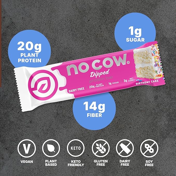 No Cow Vegan Protein Bars Upgraded Birthday Cake | 20g Plant Based Protein Gluten Free Dairy Free Soy Free Keto Friendly Low Sugar High Fiber Snack Bars | Pack of 12