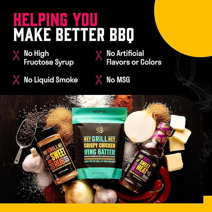 Hey Grill Hey | Chicken Wing Seasoning &amp Sauce Kit | All-in-one Crispy Batter BBQ Rub and Sweet Heat BBQ Sauce | Wing Night: Smoked &amp Fried Wing Kit