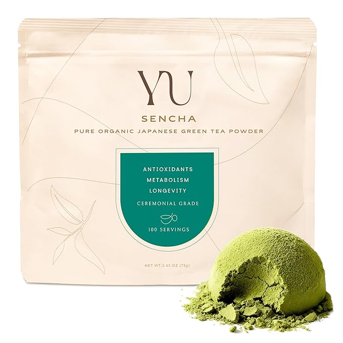 Yu Tea Organic Sencha Green Tea Powder 100 Servings | Rich in Antioxidants EGCG &amp L-Theanine | Pure Japanese First Harvest Leaf | Low Caffeine &amp Unsweetened | Resealable Pouch 2.65 oz