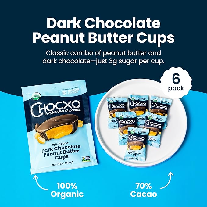 Chocxo Dark Chocolate Peanut Butter Cups - Lower Sugar Organic NonGMO Keto Gluten Free Kosher. No Artificial Sweeteners/Sugar Alcohols 3.45 oz (Pack of 6)
