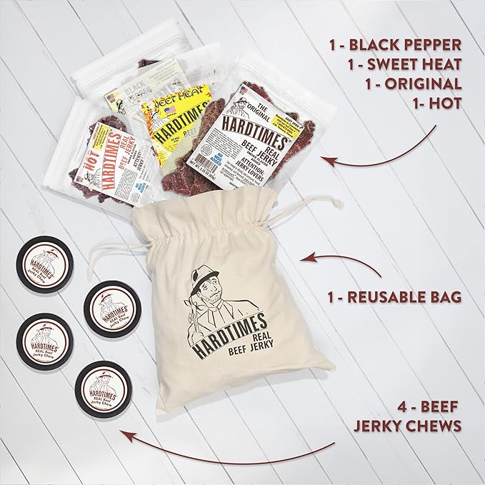 Hardtimes Beef Jerky - Variety Specialty Gift Bag - Great Gift for Father's Day Holiday &amp Birthday - 5 Pack of 2.25 oz Bags Original Black Pepper Hot Teriyaki &amp Sweet Heat - 4 Jerky Che