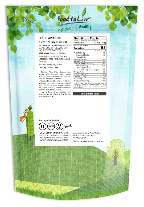 Food to Live - Dried Apricots 4 Pounds Kosher Vegan Bulk Product of Turkey