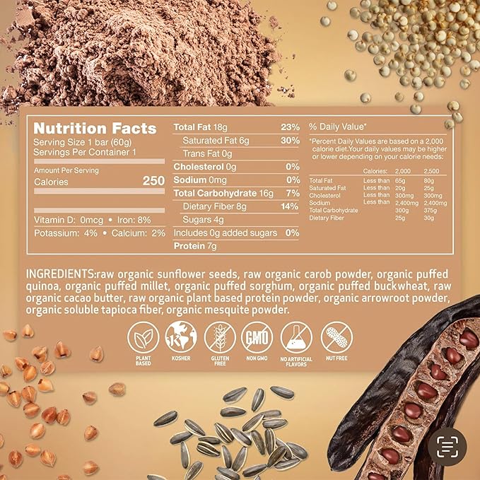Rawmantic Carob Energy Bar (12 Mini Bars x 60g) – Raw Organic Carob Powder Puffed Quinoa Sorghum Millet &amp Buckwheat - No Artificial Flavors Plant-Based Non-GMO &amp Kosher Guilt-Free Snacks