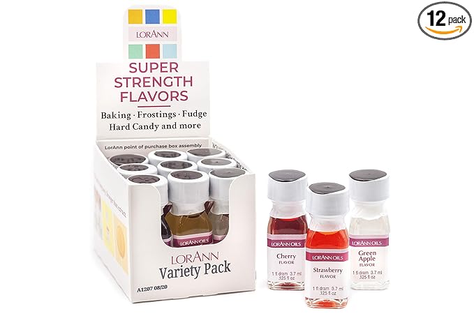 LorAnn SS Variety pack 1 dram (.125 fl oz - 3.7ml - 1 teaspoon) bottles - 12 pack includes 1 bottle each of: cake batter cherry cinnamon cotton candy grape green apple lemon peppermint pinea