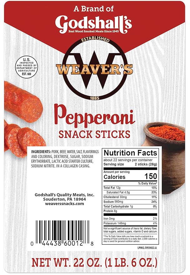 Weaver’s Pepperoni Snack Sticks (44 pepperoni flavored 7 pork snack sticks per 22oz bag)