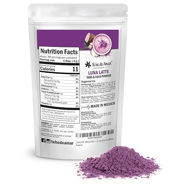 LUNA LATTE TEA TARO &amp COCO / TE HE DE AMAR. NET WT 5.3 oz (150g) 38 cups. Taro Coconut Purple Sweet Potato Cinnamon Vanilla. 100% natural pure powdered does not contain dairy bases does no