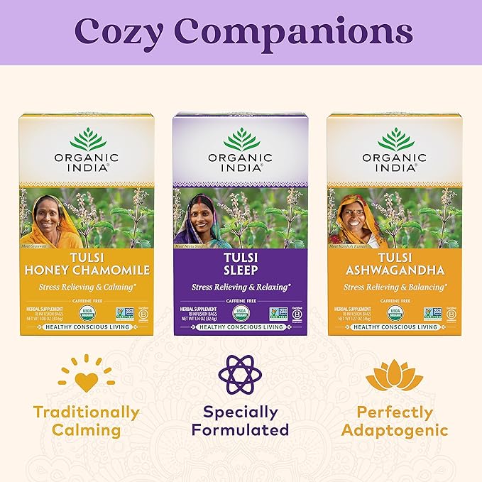 ORGANIC INDIA Tulsi Sleep Herbal Tea - Holy Basil Ashwagandha Chamomile Night Time Tea for Bedtime Stress Relieving &amp Relaxing Immune Support USDA Certified Organic - 18 Infusion Bags 3 Pac