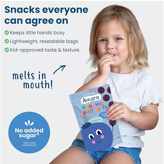 Amara Organic Fruit Bites Blueberry - No Artificial Colors/Dyes Added Sugar Dairy-Free Fruit Snacks Made with Organic Whole Foods Healthy Fruit Snacks for Kids - 6 Pack