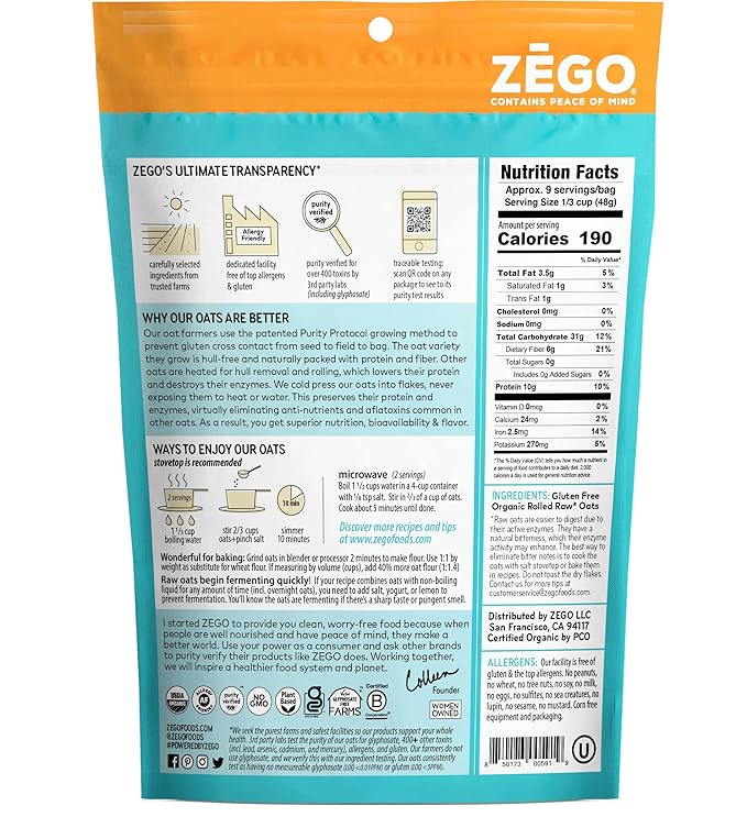 ZEGO Double Protein Raw Oats Organic Purity Protocol Gluten Free GIyphosate Free 14oz Bags 5 Bags (70oz ttl) RAW: FOLLOW PREP INSTRUCTIONS CAREFULLY