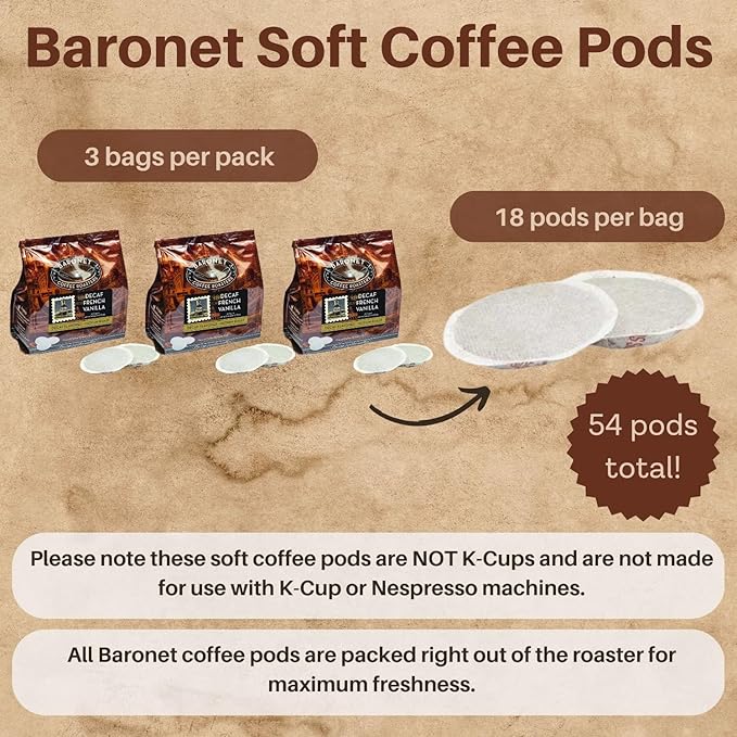Baronet Coffee Pods - 54 Coffee Bags Like Senseo 8g Medium Roast Organic Compostable Regular Strength [Decaf French Vanilla]