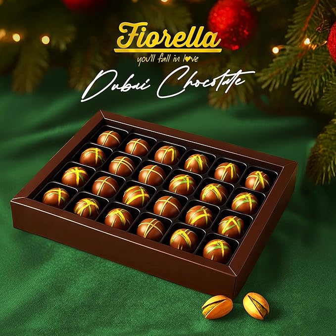 Fiorella Dubai Chocolate Gift Box 24 Count Premium Gourmet Milk Chocolate with Pistachio Butter &amp Crispy Knafeh Food Gifts for Holiday Gift Basket Christmas Chocolate Candy 10.15 Oz