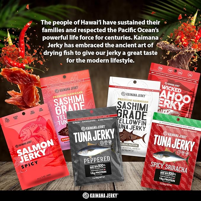 Kaimana Jerky Variety Pack - Ahi Tuna Salmon &amp Wahoo Ono Fish Jerky - Spicy Hot All-Natural Wild-Caught Protein-Packed Omega-3 Rich - Made in Hawaii - 6 Bags Great Gift for Dad