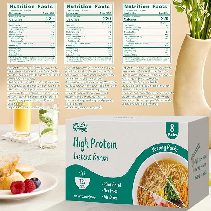 VOLO VERO High Protein (32g) Instant Ramen Variety Packaged Noodles Soup Chicken Spicy Beef Pork Tonkotsu Plant-Based Air-Dried Non-Fried Low Carb Egg-Free Dairy Free Healthy Meal 8 Packs