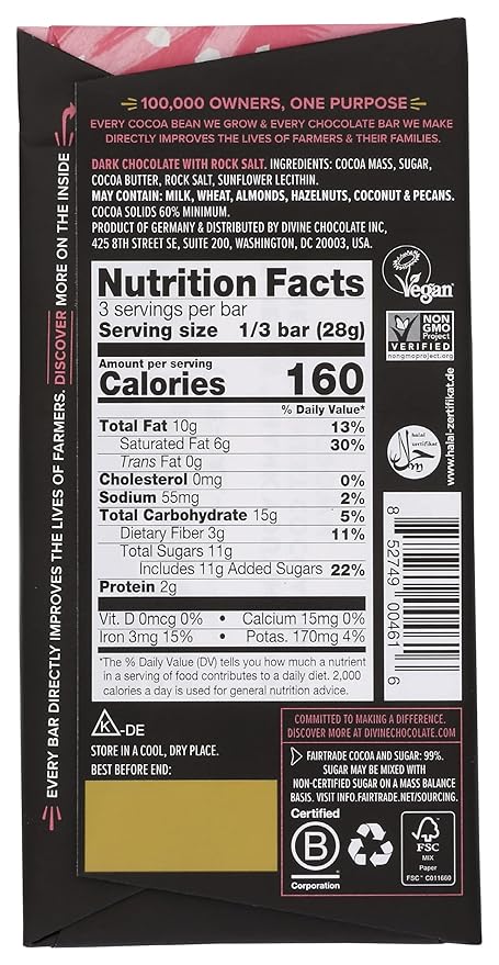 Divine Chocolate Bars - 60% Dark Chocolate with Pink Himalayan Salt - Made with Fairtrade Cocoa Natural Ingredients No Artificial Flavors | 3oz. Bars (12 Pack)