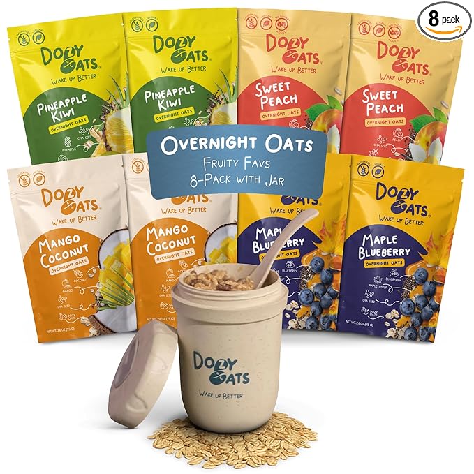 Dozy Oats Overnight Oatmeal Packets Fruity Faves Variety Box with Rolled Oats Chia Seeds Date Powder and Dried Fruit. Gluten-Free Natural Source of Protein and Fiber 8-Pack and Jar