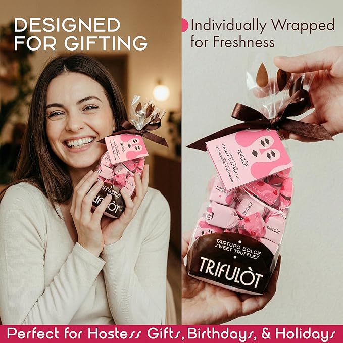 TartufLanghe Trifulot Strawberry &amp Cream White Chocolate Truffles with Almonds - Individually Wrapped Gourmet Italian Truffle Candy Fancy Chocolate Gift Set in a Bag From Italy- 6.34 OZ