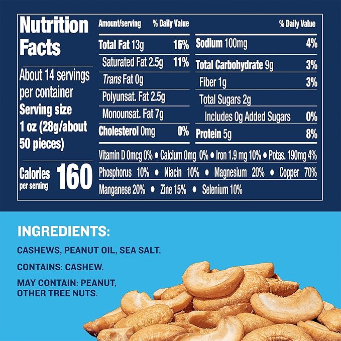 PLANTERS Salted Cashew Halves &amp Pieces Party Snacks Plant-Based Protein 14 Oz Canister (Pack of 2)