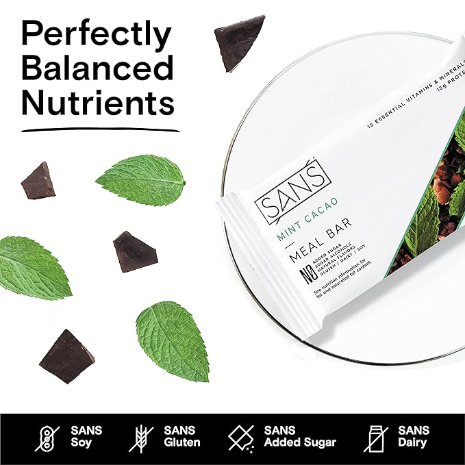SANS Meal Replacement Protein Bar Gluten Free Healthy High Protein Snacks High Fiber No Sugar Added Dairy Free Soy Free Mint Cacao 12 Bars
