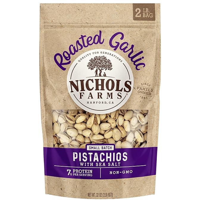 Nichols Farms California Grown Pistachios InShell Nutrient Rich Snack Packs Roasted Garlic 2LB