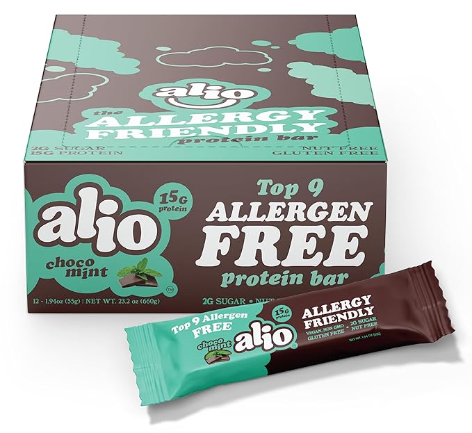 Alio Protein Bars - Choco Mint (12 Bars) – Free From The Top 9 Food Allergens High Protein Low-Calorie Vegan Gluten-Free Nut-Free Non-GMO Plant-Based Seed Oil Free Delicious &amp Healthy Sna