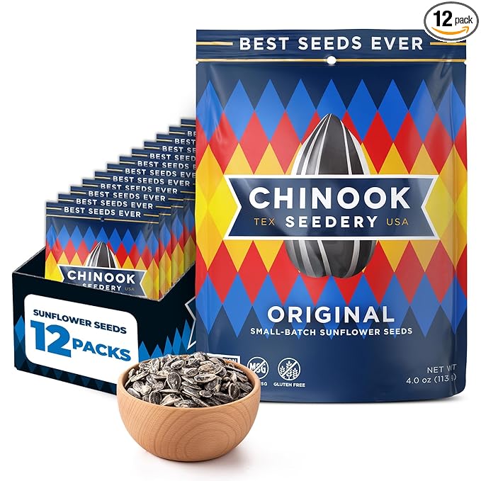 Chinook Seedery Sunflower Seeds to Eat — Jumbo Flavored Roasted Low Sodium Snacks — Keto Friendly Gluten-Free Non-GMO — Original Flavor 4 oz (12-Pack)