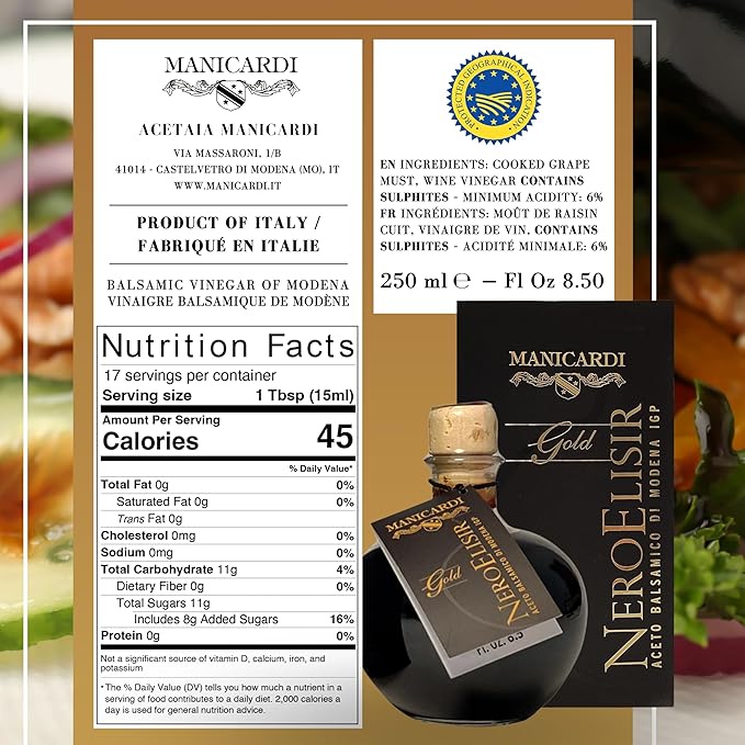 MANICARDI Balsamic Vinegar of Modena PGI - Dense Gold Elisir with Drip-Stop Dispenser Perfect for Snacks Pasta Vegetables Salad Dressings Meat - Made in Italy 8.45 Fl Oz (250 ml)
