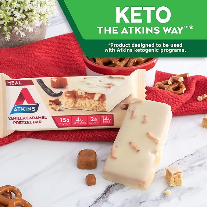 Atkins Vanilla Caramel Pretzel Protein Meal Bar High Fiber 2g Sugar 4g Net Carbs Meal Replacement Keto Friendly 5 Count