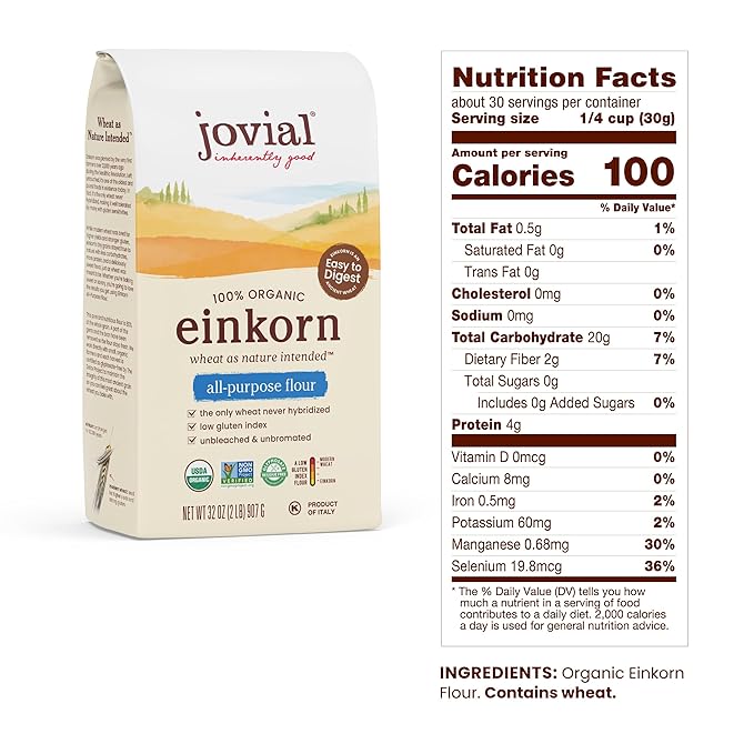 Jovial Organic Einkorn Unbleached All Purpose Flour - Bread Baking Flour for Sourdough High Protein Non-GMO Organic Pizza &amp Pasta European Italian Glyphosate Free - 32 Oz 3 Pack