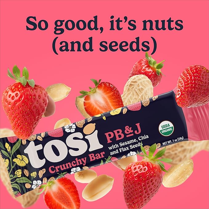 Tosi Nut Bars PB&ampJ Healthy Snacks for Adults &amp Kids Plant Based Crunchy Bars (7G Protein) Organic Keto Snacks Vegan Gluten &amp Soy Free Low Sugar Omega 3s 1oz 12-Pack