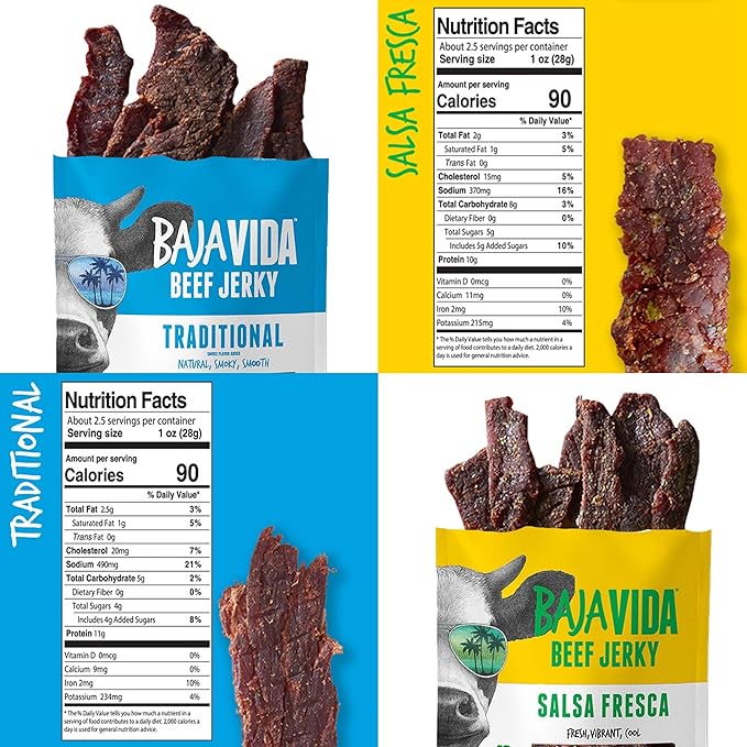 BAJA BEEF Jerky Snack Packs - Beef Jerky Variety Pack Beef Jerky Gifts for Men Beef Jerky Sampler High Protein Craft Jerky Assortment Gluten Free - Traditional &amp Salsa Fresca 2.5 Oz Bags (4 P