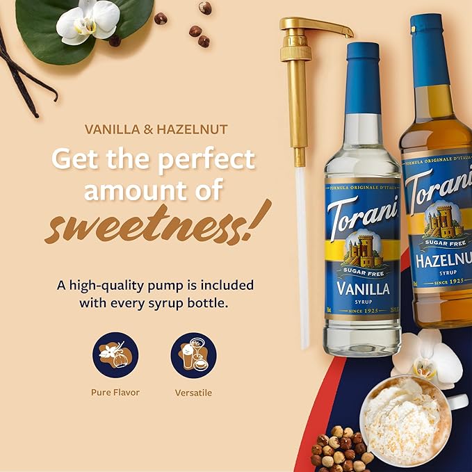 Torani Sugar Free Hazelnut Syrup and Sugar Free Vanilla Syrup Variety 2-Pack Coffee Syrups for Drinks Pumps Included 25.4 Fl Oz Ea
