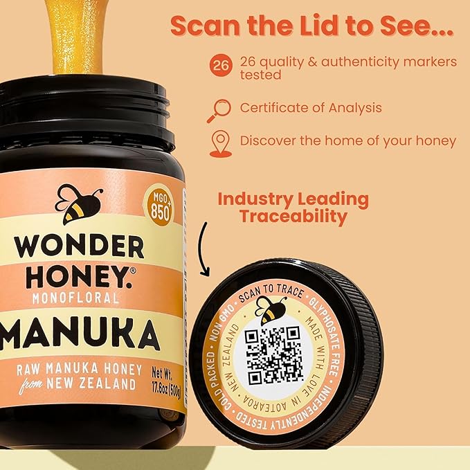 Wonder Honey Raw Manuka Honey New Zealand MGO550 (15+) Tested for 26 Markers Traceable Natural Soothing for Sore Throat Cough - Aids Digestion - Triple Sealed for safety in a Protective Box (1.1lb)