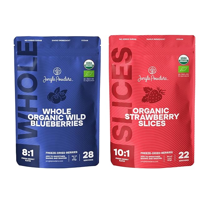 Jungle Powders Organic Blueberries Fresh Freeze Dried Fruit 4 Ounce Bag - Made From Frozen Wild Dried Blueberries + Freeze Dried Strawberries Organic USDA Certified Strawberry Slices 3.2 Ounce Bag
