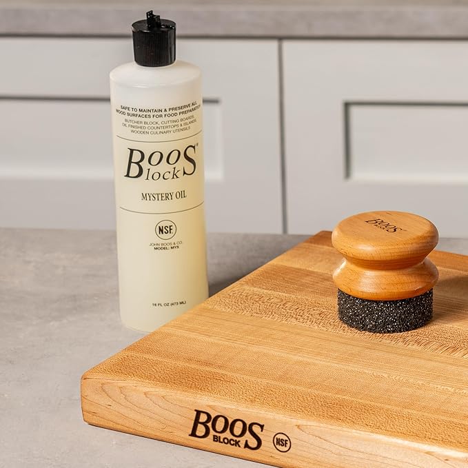 John Boos 2-Piece Care Set 16 oz Mystery Oil &amp Round Beechwood Applicator - All-Natural Maintenance Formula for Butcher Blocks Cutting Boards Wooden Countertops &amp Wood Utensils