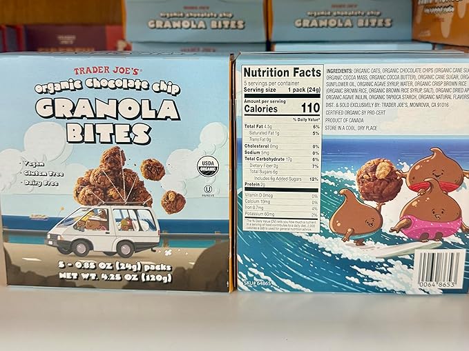 Trader Joe's Organic Chocolate Chip Granola Bites Vegan Gluten Free Dairy Free 5 Packs 4.25 oz Total