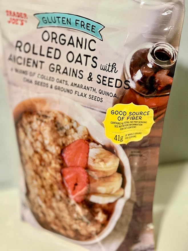 Trader Joe's Gluten Free Organic Rolled Oats with Ancient Grains &amp Seeds Blend of Rolled Oats Amaranth Quinoa Chia Seeds Ground Flax Seeds 41 grams of Whole Grains per Serving Good source o