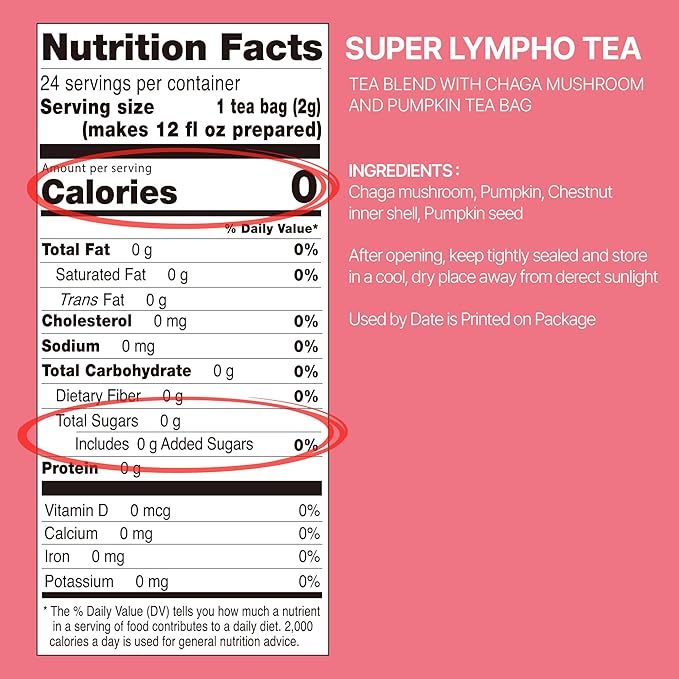 Odada Super Lympho Herbal Tea Natural Herbal Detox Blend with Chaga Pumpkin Chestnut Caffeine-Free &amp Sugar-Free Supports Daily Body Balance &amp Light Hydration 24 Tea Bags