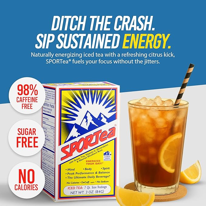 SPORTea Iced | Decaf Energy Drink with Green &amp Black Tea Vitamins Minerals Electrolytes Yerba Mate Siberian Ginseng | 7 Cold Brew Tea Bags | Healthy Easy | 8 Pack