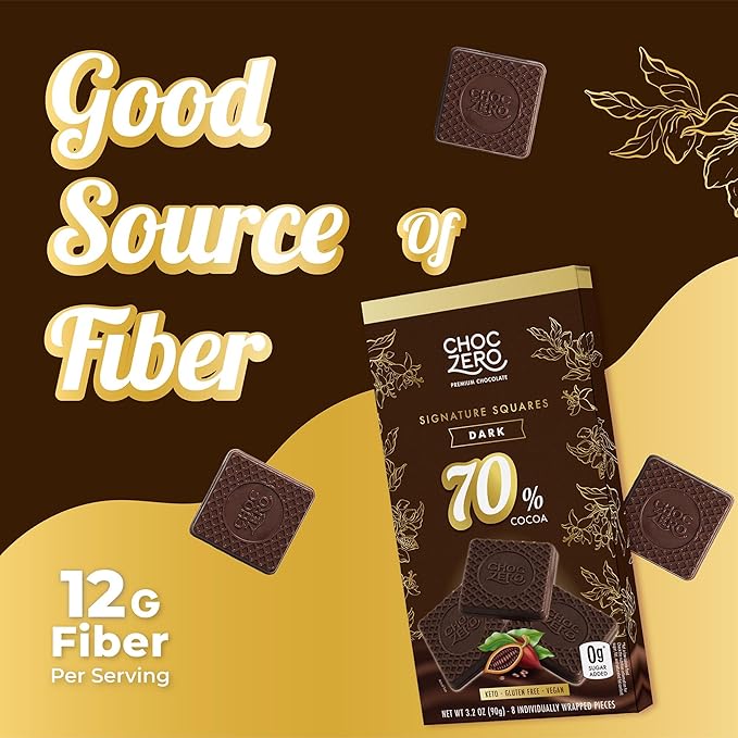 ChocZero 70% Cocoa Dark Chocolate Squares Sugar Free Vegan Low Carb High Fiber Keto Friendly No Sugar Alcohols (4 Count 3.2oz Boxes)