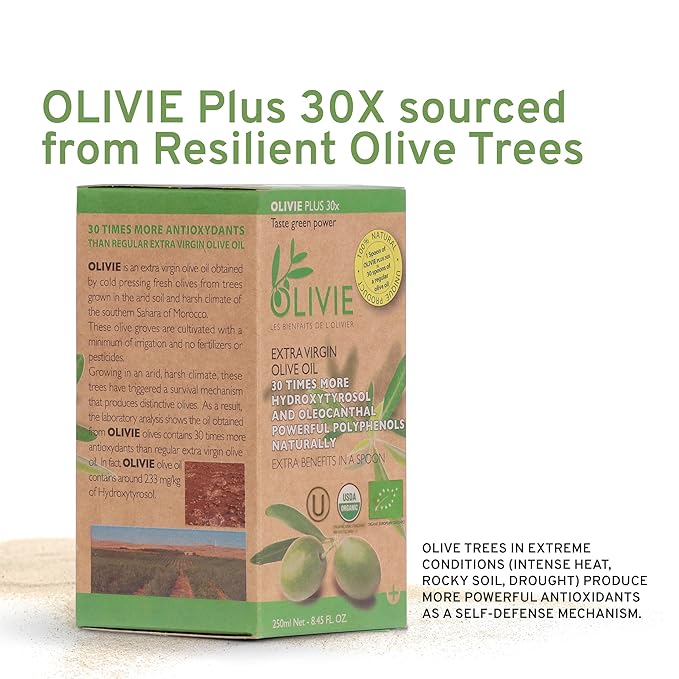 Organic High Polyphenol Rich Extra Virgin Olive Oil OLIVIE PLUS 30X | Moroccan Desert Olive Oil | EVOO | Organic Kosher | 250 ml Glass Bottle