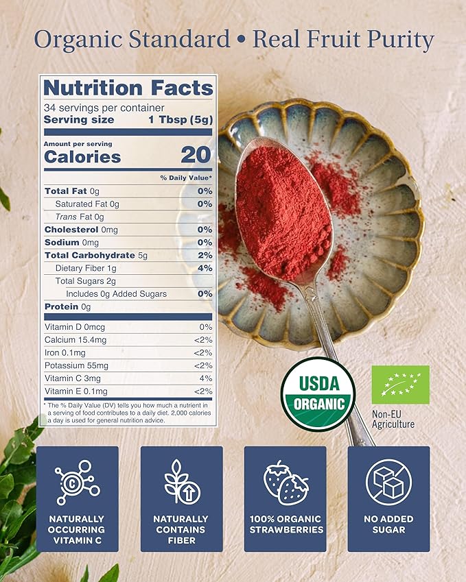 LOOV Organic Freeze Dried Strawberry Powder - 29-Day Supply 6 Oz Good for Smoothie Baking &amp Seasoning Freeze-Dried &amp Processed in Certified Facilities No Added Sugar