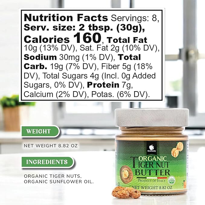 Gourmanity Organic Tigernut Butter Sweet and Nutty Tasting Nut Free Peanut Butter Alternative Compliant With Low Fodmap And Whole 30 Diets Ideal For Dipping And Drizzling 8.8oz / 250g Jar