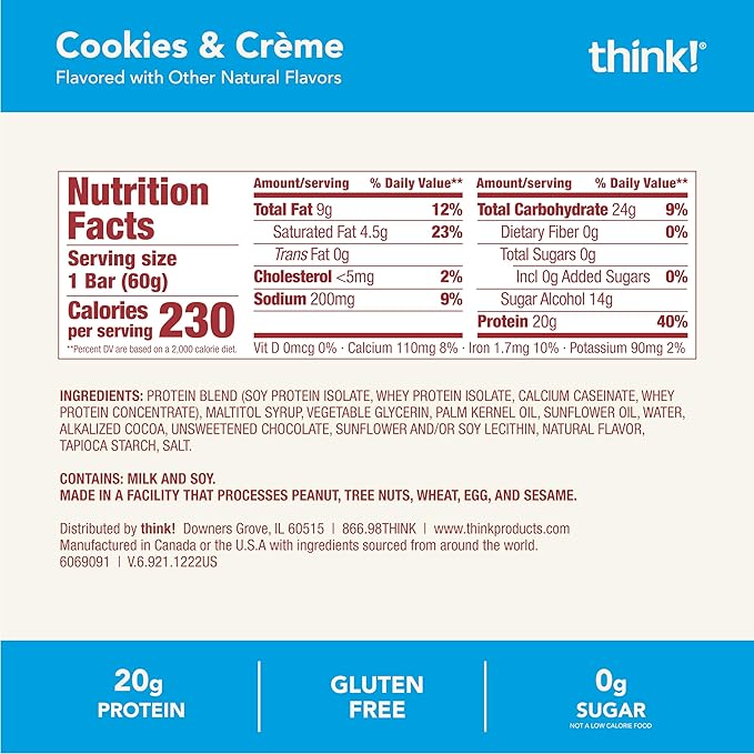 think! Protein Bars High Protein Snacks Gluten Free Kosher Friendly Cookies and Crème Nutrition Bars 2.1 Oz per Bar 10 Count (Packaging May Vary)