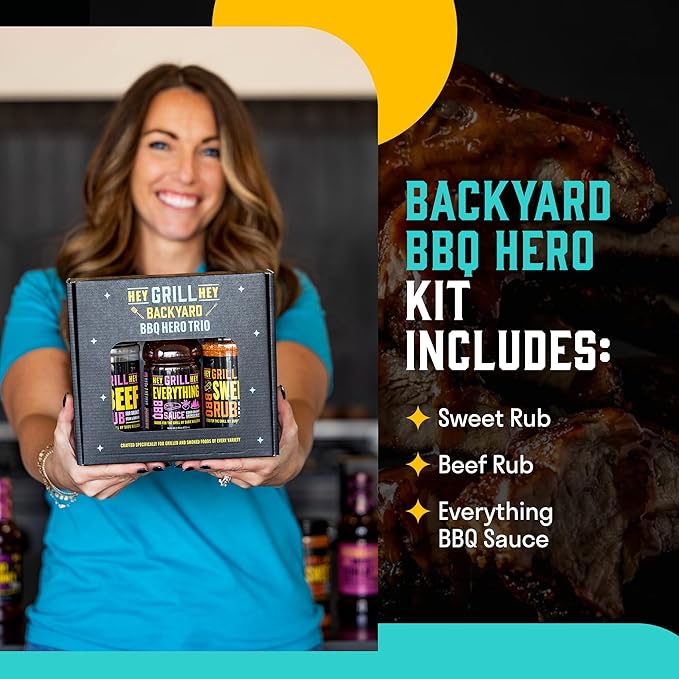 Hey Grill Hey | BBQ Seasoning and Barbeque Sauce Gift Set | Seasoning Set | Beef Rub Sweet Rub Everything Barbecue Sauce | Backyard BBQ Hero Trio