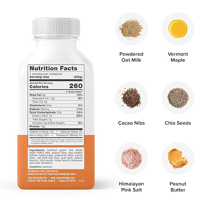 Oats Overnight Peanut Butter Crunch Bottled Shake - Gluten Free Non-GMO Vegan Friendly Breakfast Meal Replacement Shake with Powdered Oat milk. 15g of Protein (10 Pack)