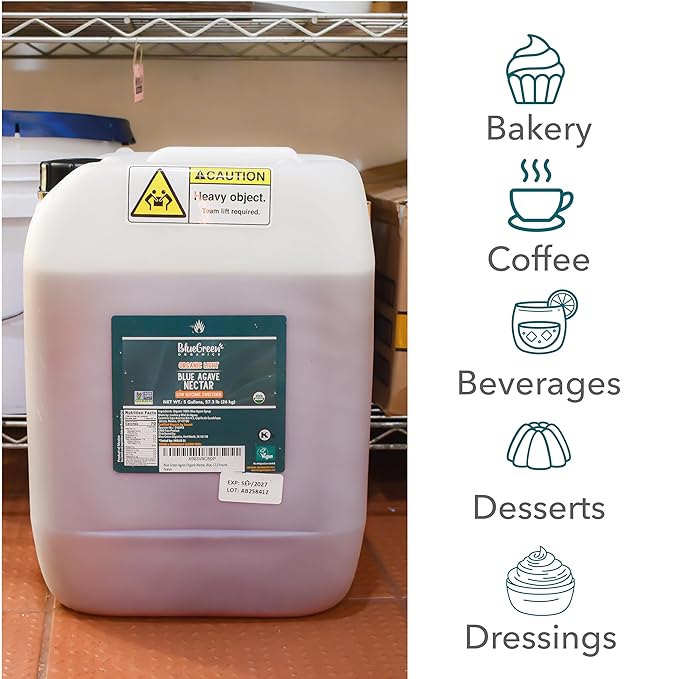 BLUE GREEN ORGANICS 57.3 lb Light Blue Agave  5 Gallon Bulk Organic Sweetener  Low Glycemic Sugar Alternative for Restaurants &amp Catering  Mild Flavor Liquid Sweetener  Plant-Based Gluten-Free